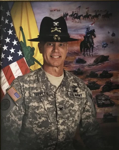 Painted portrait of Colonel Teeples in Army dress uniform and cavalry Stetson